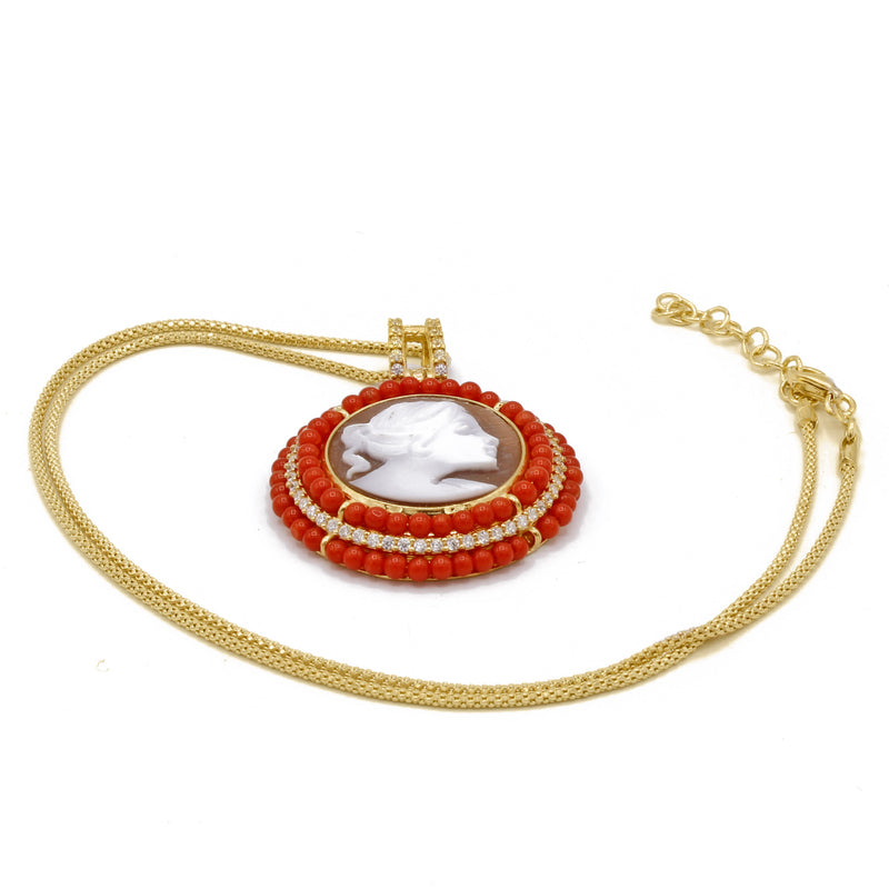 Collana con catena e ciondolo con corallo rosso italiano e cammeo