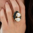 Anello argento 925 placcato oro giallo con onice e perle di acqua dolce