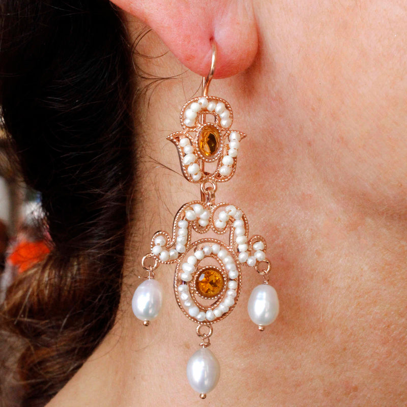 Orecchini stile borbonico in argento con quarzi e perle