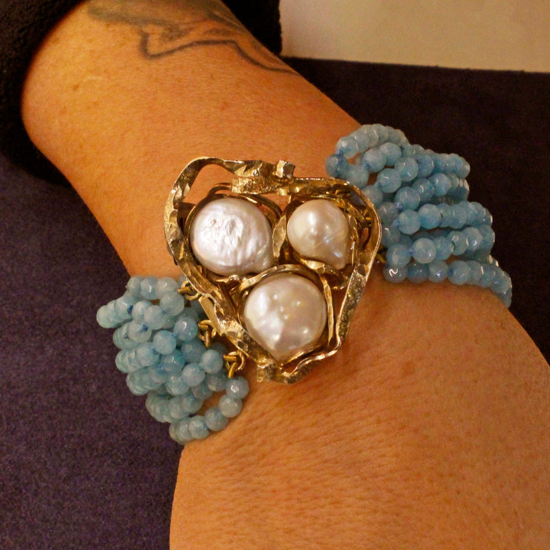Bracciale in argento quarzo azzurro e perle