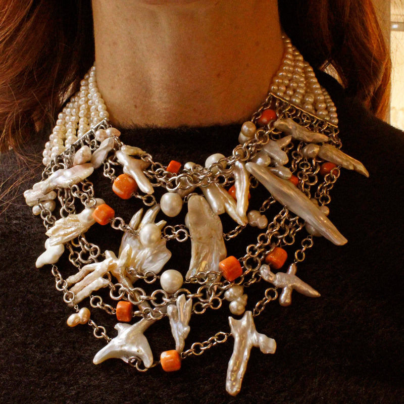 Collana in argento perle e corallo