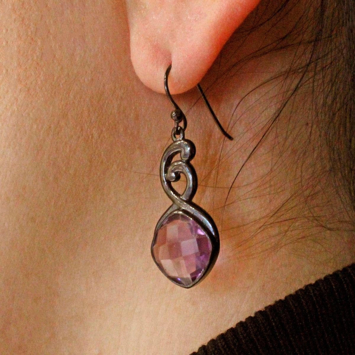Orecchini Pendenti In Argento 925 Placcato Oro Con Ametista Rettangolare Naturale 7x10 Mm