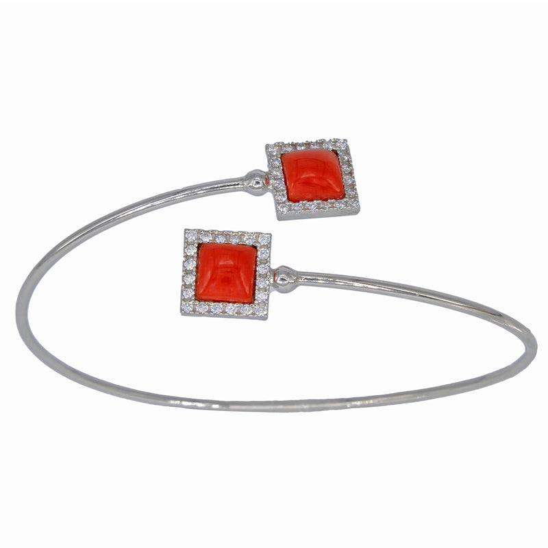 Bracciale rigido in argento rodiato con corallo rosso e zirconi