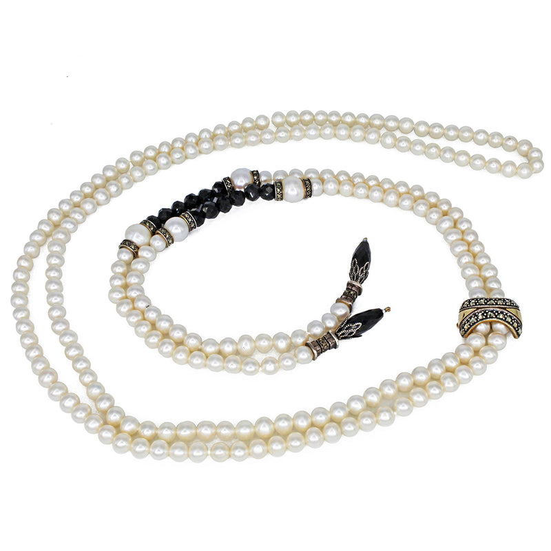Collana di perle acqua dolce con onice e marcassite