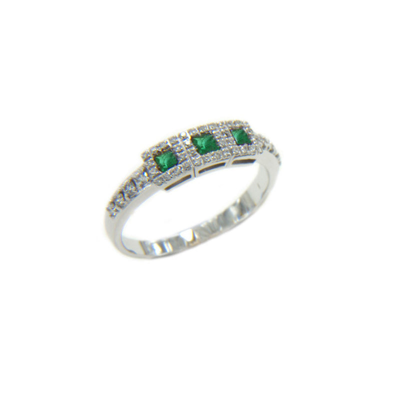 Anello trilogy smeraldi e diamanti in oro bianco