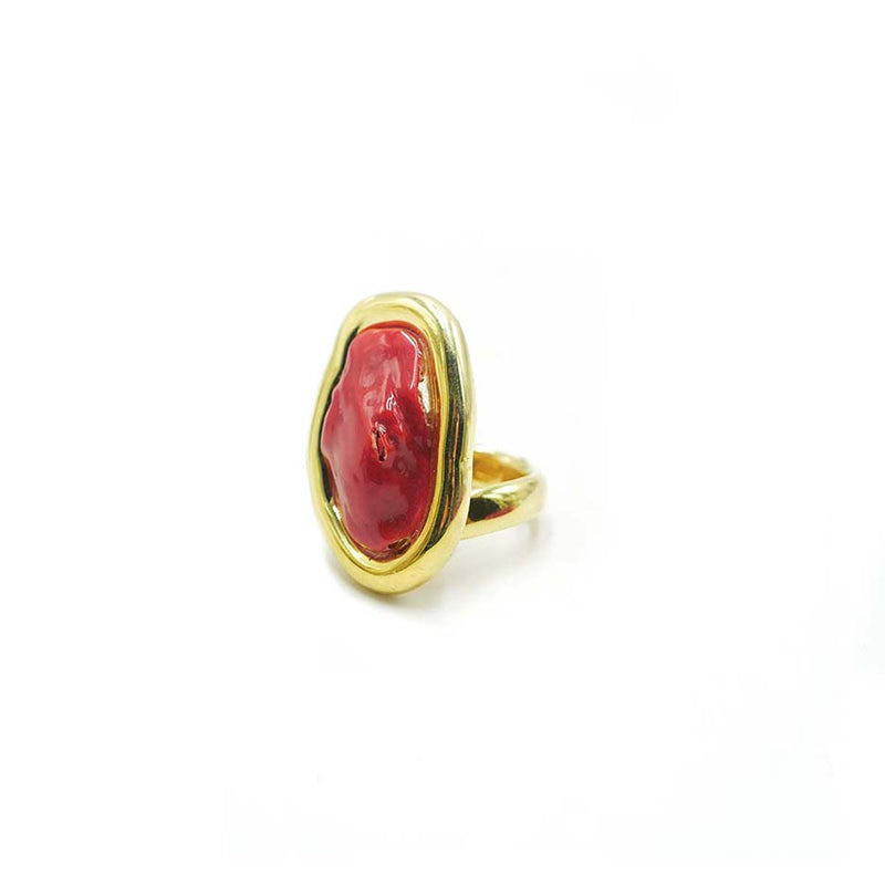 Anello placcato oro giallo in corallo rosso italiano